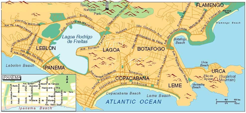 kort af ströndum í Rio de Janeiro